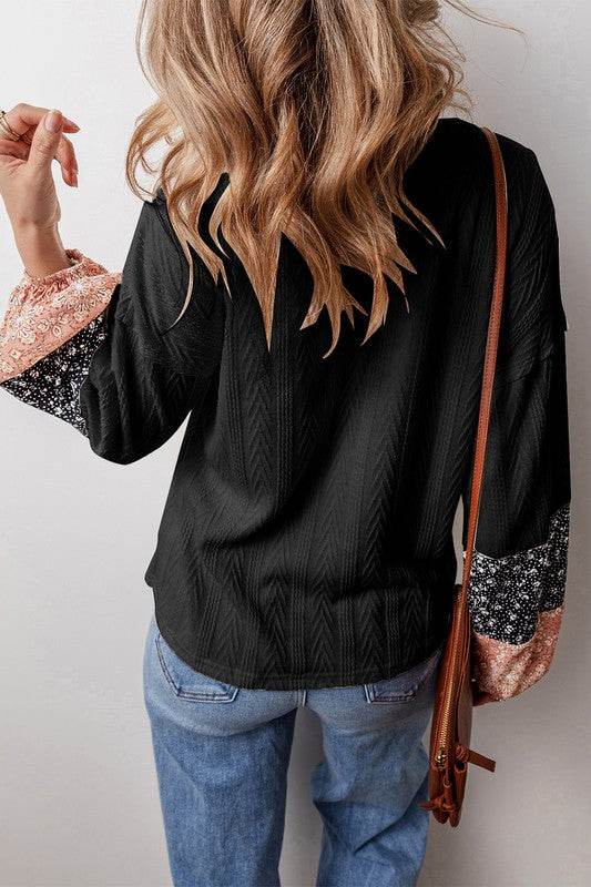 Patchwork Textured Knit Drawstring V Neck Blouse - Shop Style & More | Fresh Looks, Everyday Deals & Free Shipping
