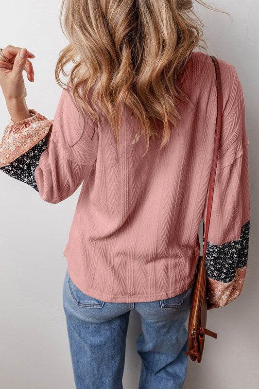 Patchwork Textured Knit Drawstring V Neck Blouse - Shop Style & More | Fresh Looks, Everyday Deals & Free Shipping