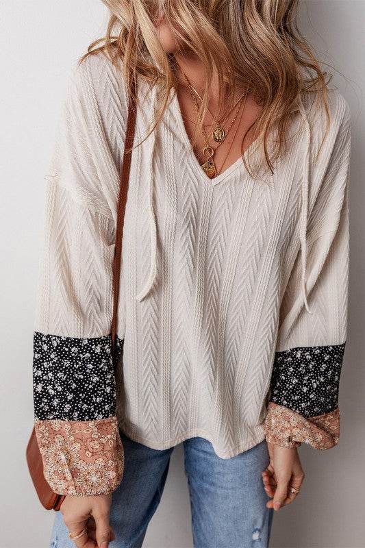 Patchwork Textured Knit Drawstring V Neck Blouse - Shop Style & More | Fresh Looks, Everyday Deals & Free Shipping