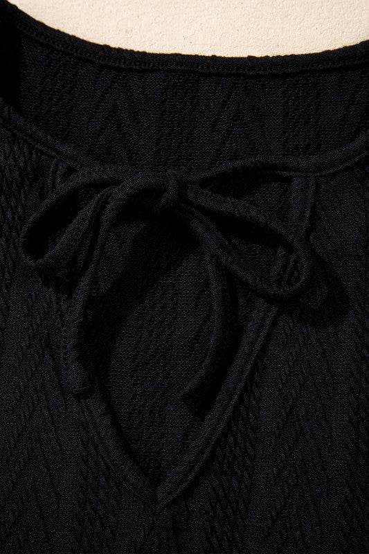 Patchwork Textured Knit Drawstring V Neck Blouse - Shop Style & More | Fresh Looks, Everyday Deals & Free Shipping