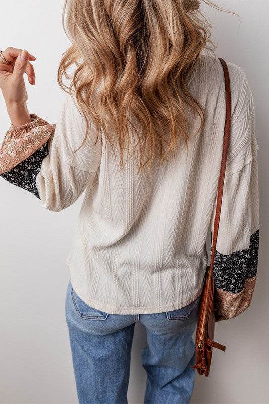 Patchwork Textured Knit Drawstring V Neck Blouse - Shop Style & More | Fresh Looks, Everyday Deals & Free Shipping