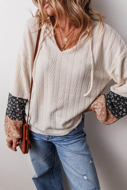 Patchwork Textured Knit Drawstring V Neck Blouse - Shop Style & More | Fresh Looks, Everyday Deals & Free Shipping