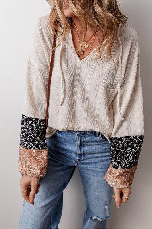 Patchwork Textured Knit Drawstring V Neck Blouse - Shop Style & More | Fresh Looks, Everyday Deals & Free Shipping