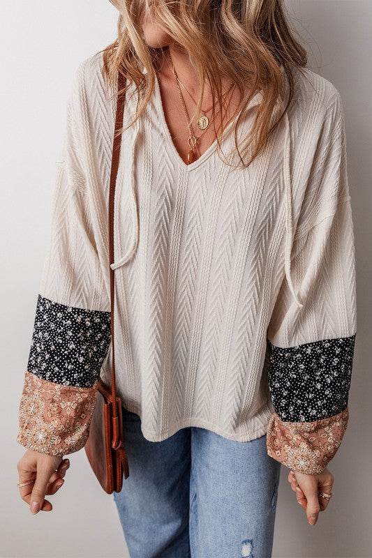 Patchwork Textured Knit Drawstring V Neck Blouse - Shop Style & More | Fresh Looks, Everyday Deals & Free Shipping