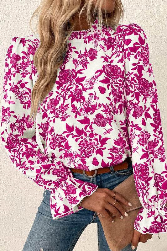 Floral Print Flounce Sleeve Keyhole Back Blouse - Shop Style & More | Fresh Looks, Everyday Deals & Free Shipping