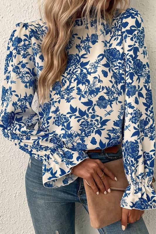 Floral Print Flounce Sleeve Keyhole Back Blouse - Shop Style & More | Fresh Looks, Everyday Deals & Free Shipping