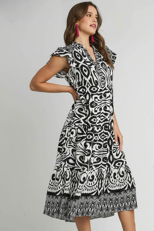 Umgee Full Size Two Tone Border Print Ruffle Cap Sleeve Midi Dress Plus Size - Shop Style & More | Fresh Looks, Everyday Deals & Free Shipping