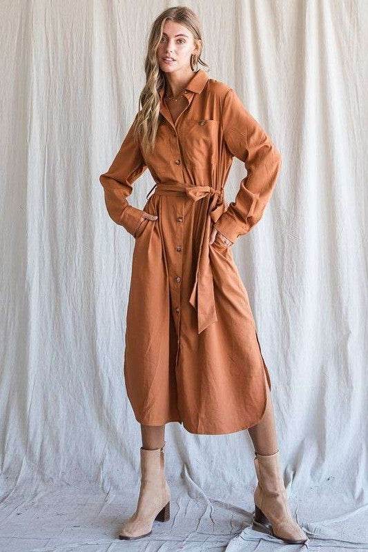 SOLID BUTTON DOWN BELTED LONG DRESS 30-545 - Shop Style & More | Fresh Looks, Everyday Deals & Free Shipping