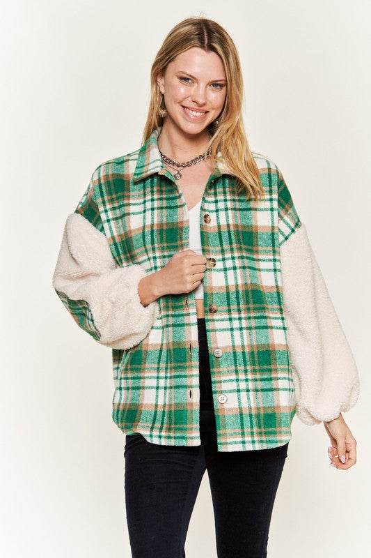 Multi plaid fuzzy sleeve jacket JJO1023 - Shop Style & More | Fresh Looks, Everyday Deals & Free Shipping