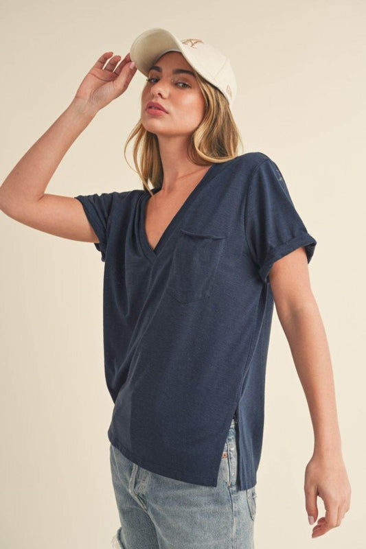 Aemi + Co Side Slit V-Neck Short Rolled Sleeve T-Shirt - Shop Style & More | Fresh Looks, Everyday Deals & Free Shipping