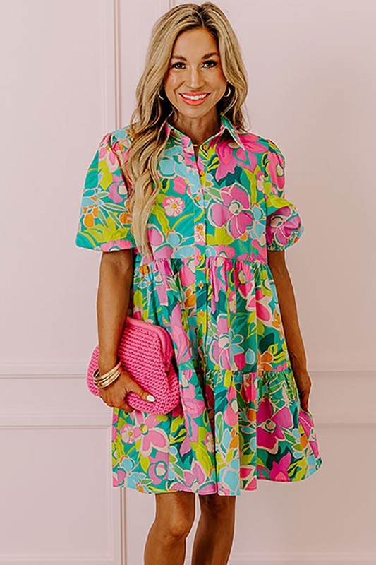 Women Floral Puff Sleeve Buttoned Babydoll Dress - Shop Style & More | Fresh Looks, Everyday Deals & Free Shipping