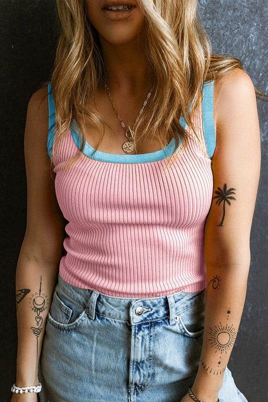 Women Colorblock Edge Ribbed Knit U Neck Tank Top - Shop Style & More | Fresh Looks, Everyday Deals & Free Shipping