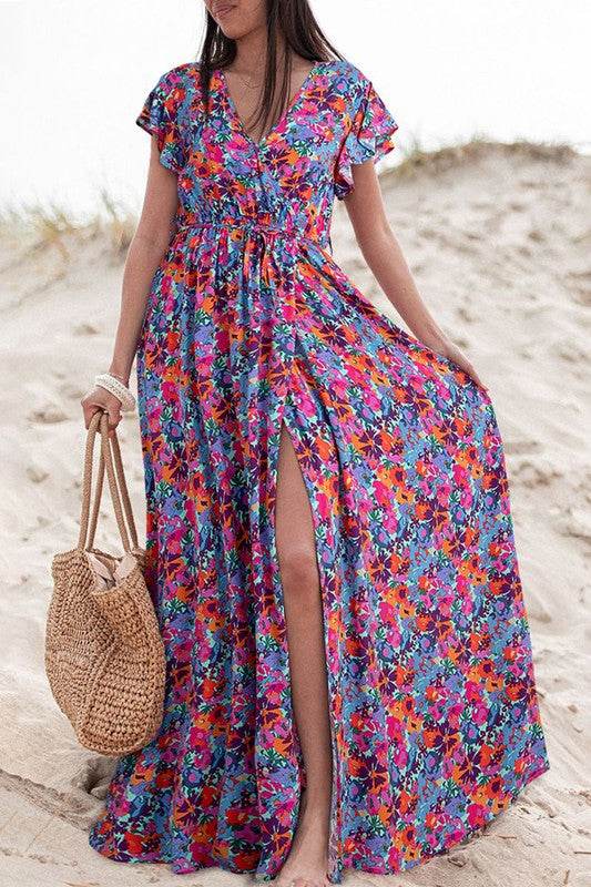 Women Floral Print V Neck Wrap Split Maxi Dress - Shop Style & More | Fresh Looks, Everyday Deals & Free Shipping