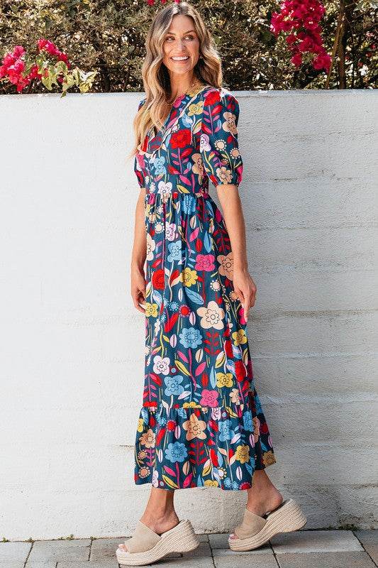 Women Retro Floral Printed Split Neck Maxi Dress - Shop Style & More | Fresh Looks, Everyday Deals & Free Shipping