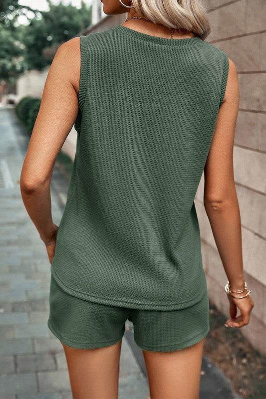 Knit Patched Pocket Tank and Drawstring Shorts Set - Shop Style & More | Fresh Looks, Everyday Deals & Free Shipping