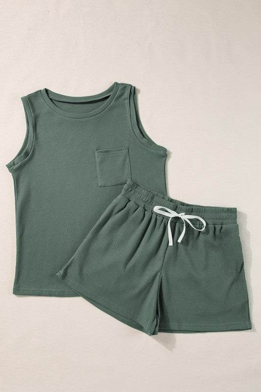 Knit Patched Pocket Tank and Drawstring Shorts Set - Shop Style & More | Fresh Looks, Everyday Deals & Free Shipping