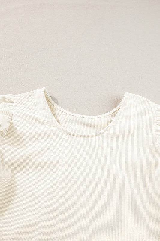 Corduroy Round Neck Ruffled Flounce Sleeve Blouse - Shop Style & More | Fresh Looks, Everyday Deals & Free Shipping