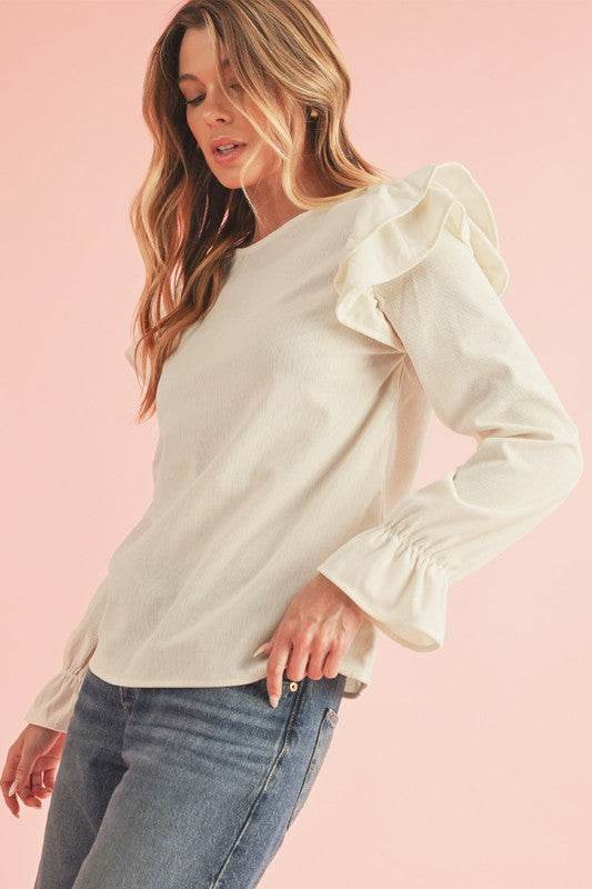 Corduroy Round Neck Ruffled Flounce Sleeve Blouse - Shop Style & More | Fresh Looks, Everyday Deals & Free Shipping