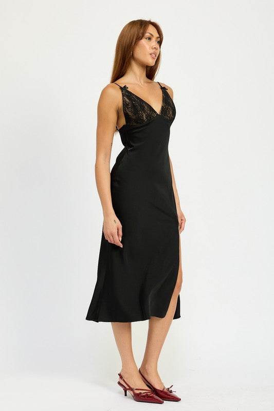SATIN LACE CAMI MIDI DRESS WITH SLIT - Shop Style & More | Fresh Looks, Everyday Deals & Free Shipping