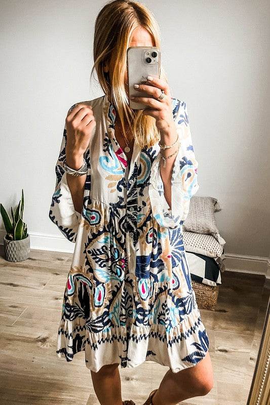 Women Print Bracelet Sleeve Buttoned Mini Dress - Shop Style & More | Fresh Looks, Everyday Deals & Free Shipping