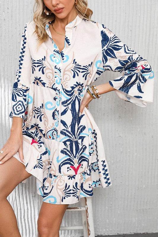 Women Print Bracelet Sleeve Buttoned Mini Dress - Shop Style & More | Fresh Looks, Everyday Deals & Free Shipping