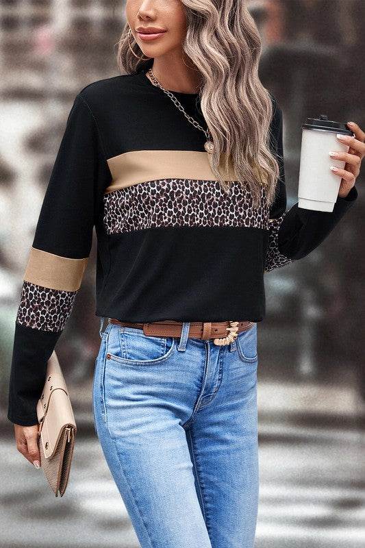 Leopard Colorblock Patchwork Crew Neck Top - Shop Style & More | Fresh Looks, Everyday Deals & Free Shipping