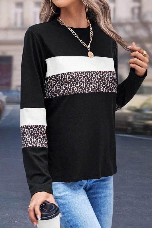 Leopard Colorblock Patchwork Crew Neck Top - Shop Style & More | Fresh Looks, Everyday Deals & Free Shipping