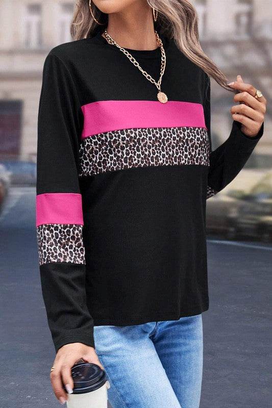 Leopard Colorblock Patchwork Crew Neck Top - Shop Style & More | Fresh Looks, Everyday Deals & Free Shipping