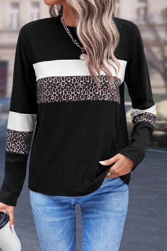 Leopard Colorblock Patchwork Crew Neck Top - Shop Style & More | Fresh Looks, Everyday Deals & Free Shipping