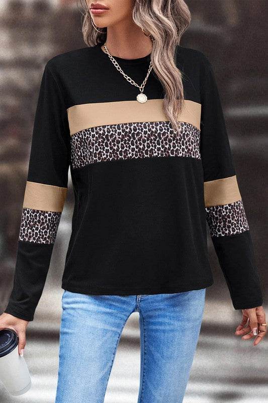 Leopard Colorblock Patchwork Crew Neck Top - Shop Style & More | Fresh Looks, Everyday Deals & Free Shipping