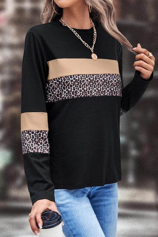 Leopard Colorblock Patchwork Crew Neck Top - Shop Style & More | Fresh Looks, Everyday Deals & Free Shipping
