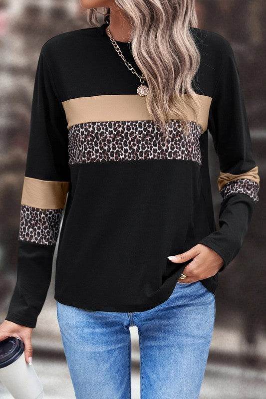 Leopard Colorblock Patchwork Crew Neck Top - Shop Style & More | Fresh Looks, Everyday Deals & Free Shipping
