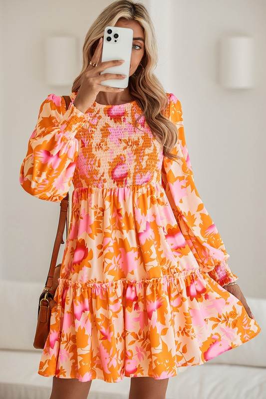 Abstract Smocked Bust Lantern Ruffle Mini Dress - Shop Style & More | Fresh Looks, Everyday Deals & Free Shipping