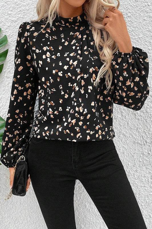Leopard Print Puff Sleeve Mock Neck Pleated Blouse - Shop Style & More | Fresh Looks, Everyday Deals & Free Shipping