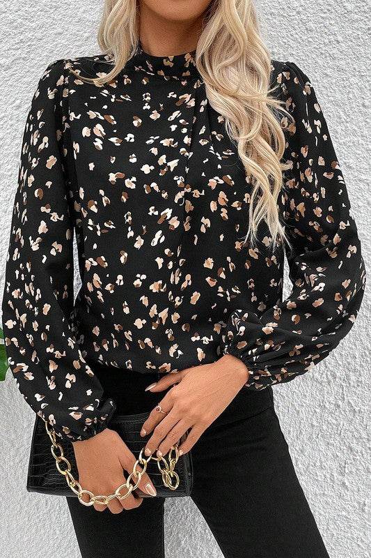 Leopard Print Puff Sleeve Mock Neck Pleated Blouse - Shop Style & More | Fresh Looks, Everyday Deals & Free Shipping