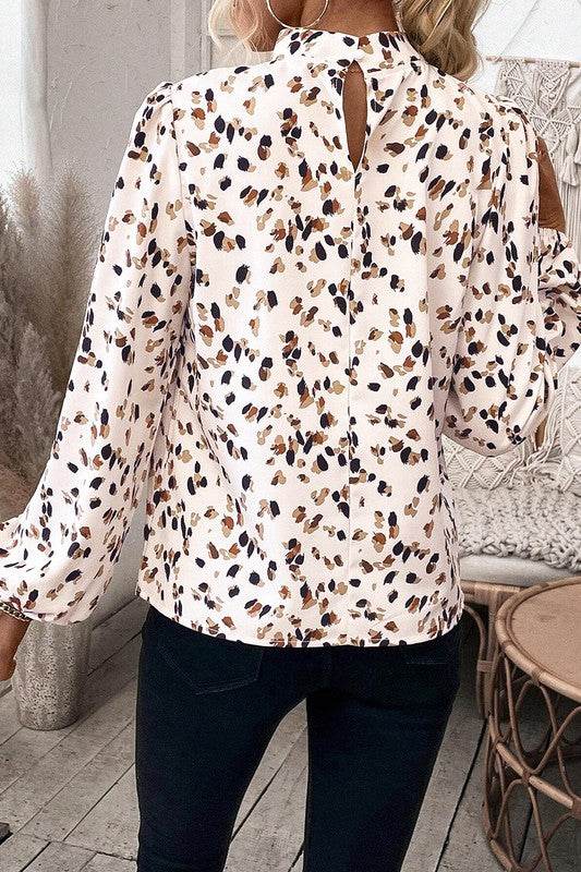 Leopard Print Puff Sleeve Mock Neck Pleated Blouse - Shop Style & More | Fresh Looks, Everyday Deals & Free Shipping