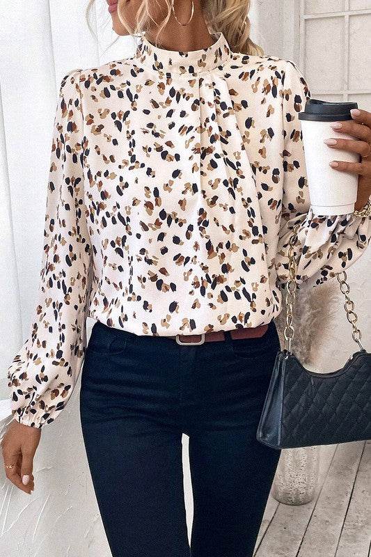 Leopard Print Puff Sleeve Mock Neck Pleated Blouse - Shop Style & More | Fresh Looks, Everyday Deals & Free Shipping