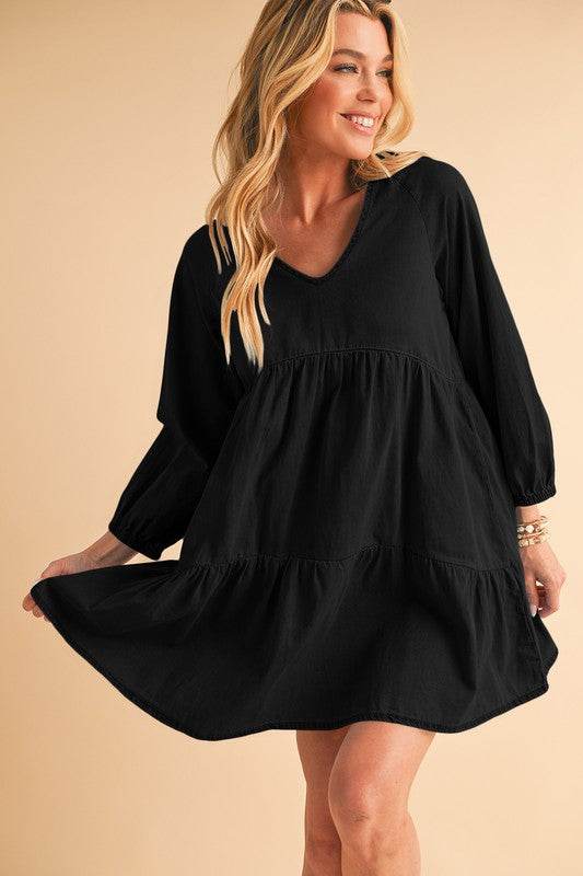Puff Sleeve Tiered Ruffled Chambray Mini Dress - Shop Style & More | Fresh Looks, Everyday Deals & Free Shipping