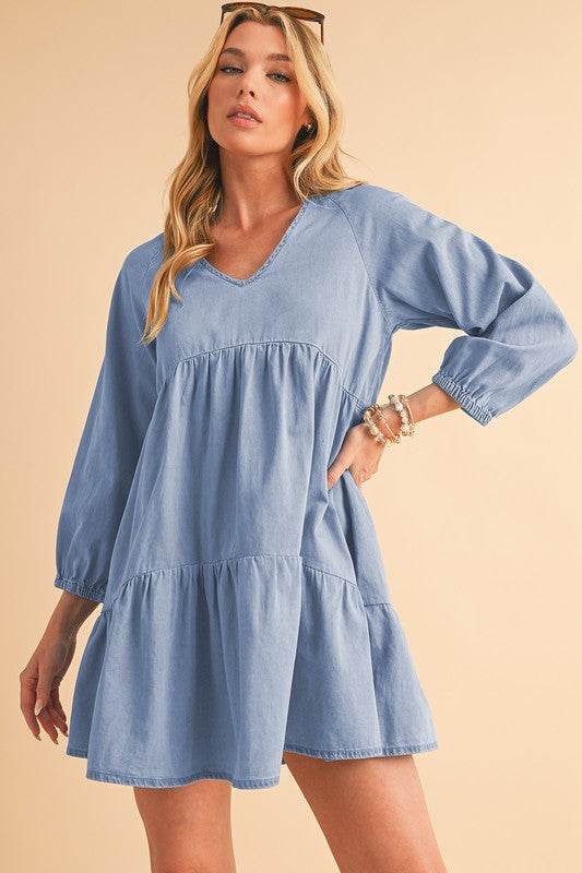 Puff Sleeve Tiered Ruffled Chambray Mini Dress - Shop Style & More | Fresh Looks, Everyday Deals & Free Shipping