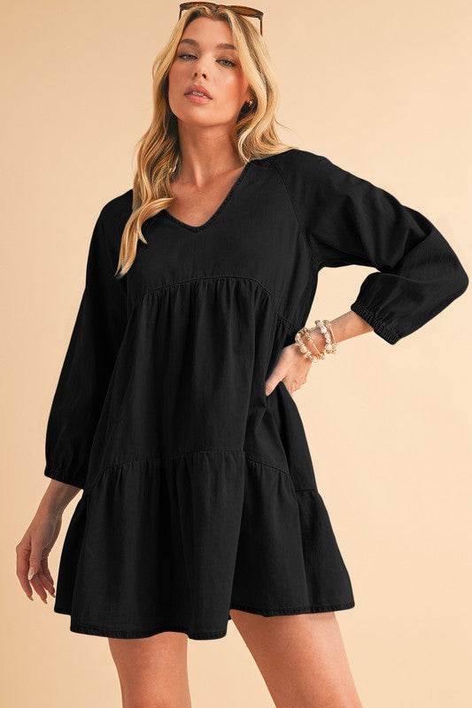 Puff Sleeve Tiered Ruffled Chambray Mini Dress - Shop Style & More | Fresh Looks, Everyday Deals & Free Shipping