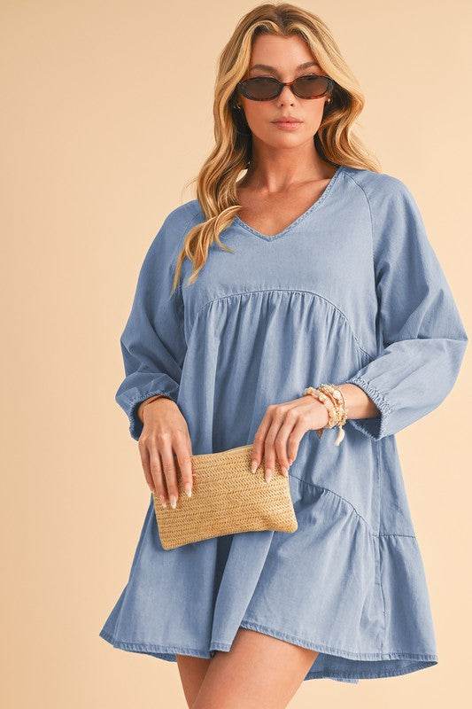 Puff Sleeve Tiered Ruffled Chambray Mini Dress - Shop Style & More | Fresh Looks, Everyday Deals & Free Shipping