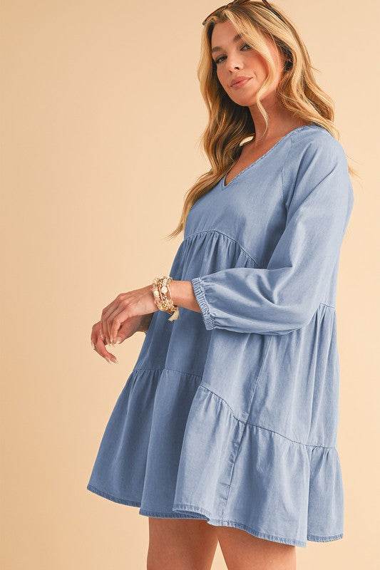 Puff Sleeve Tiered Ruffled Chambray Mini Dress - Shop Style & More | Fresh Looks, Everyday Deals & Free Shipping