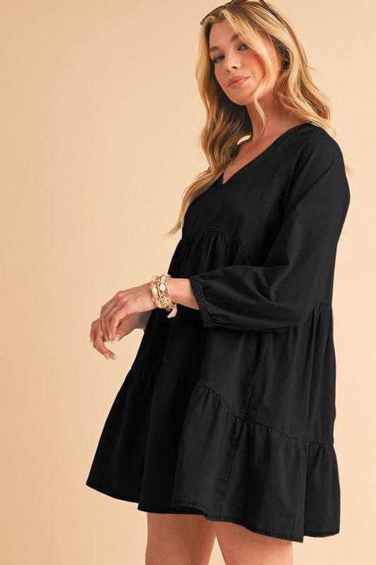 Puff Sleeve Tiered Ruffled Chambray Mini Dress - Shop Style & More | Fresh Looks, Everyday Deals & Free Shipping