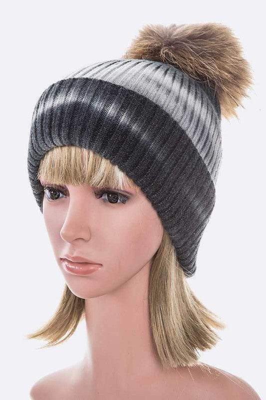 Large Genuine Fur Pom Tie Dyed Cotton Blend Beanie - Shop Style & More | Fresh Looks, Everyday Deals & Free Shipping