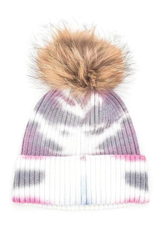 Tie Dyed Natural Natural Genuine Fur Pom Beanie - Shop Style & More | Fresh Looks, Everyday Deals & Free Shipping