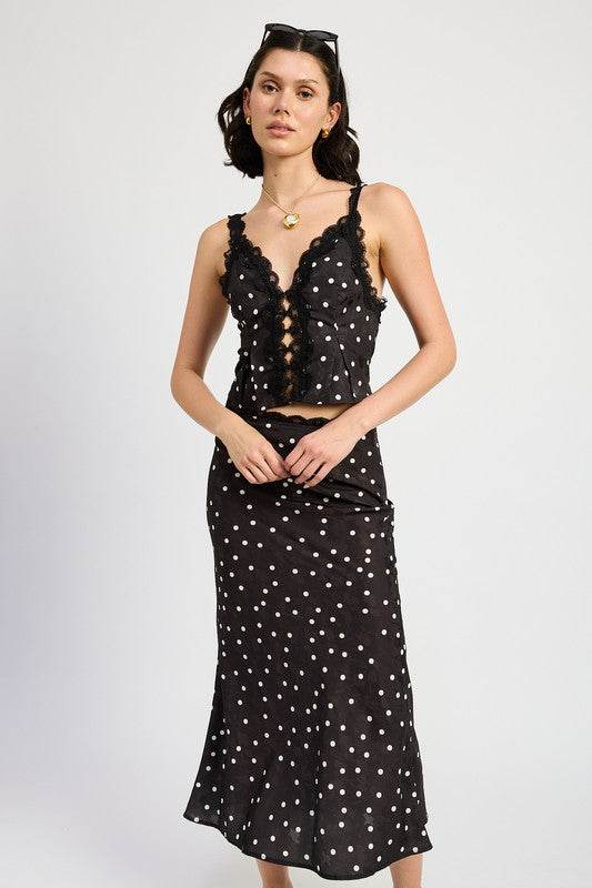 SATIN MIDI SKIRT WITH LACE TRIM - Shop Style & More | Fresh Looks, Everyday Deals & Free Shipping