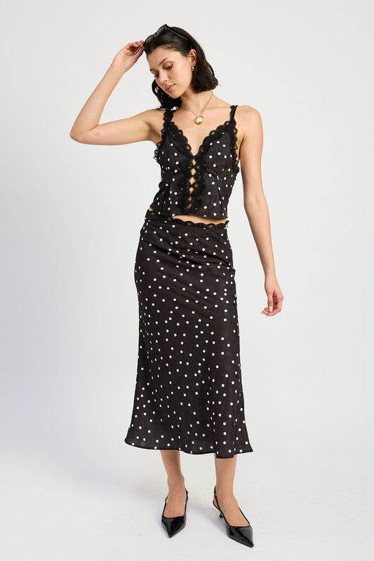 SATIN MIDI SKIRT WITH LACE TRIM - Shop Style & More | Fresh Looks, Everyday Deals & Free Shipping