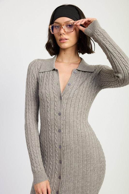 BUTTONED LONG SLEEVE CABLE KNIT DRESS - Shop Style & More | Fresh Looks, Everyday Deals & Free Shipping