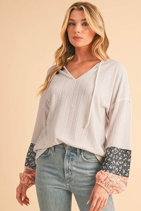 Floral Patchwork Textured Drawstring V Neck Top - Shop Style & More | Fresh Looks, Everyday Deals & Free Shipping