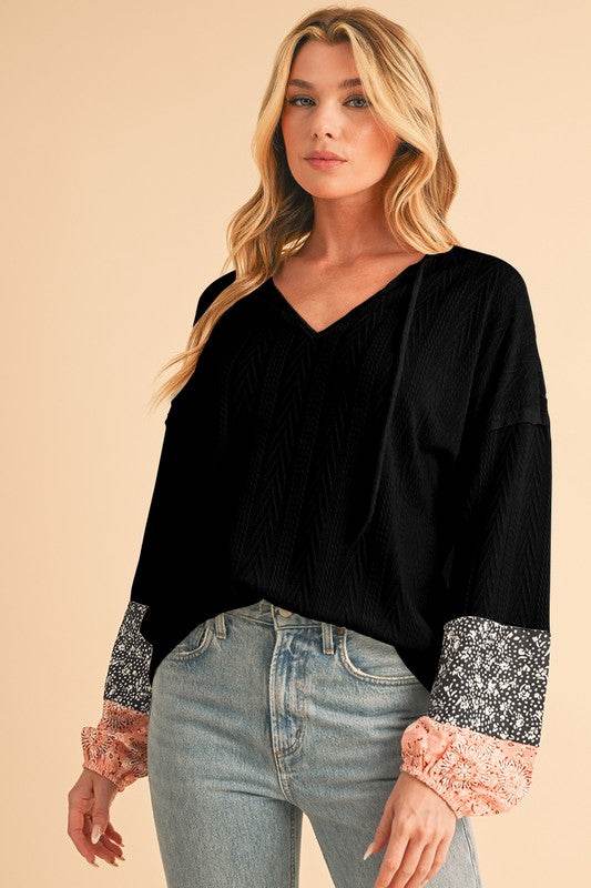Floral Patchwork Textured Drawstring V Neck Top - Shop Style & More | Fresh Looks, Everyday Deals & Free Shipping